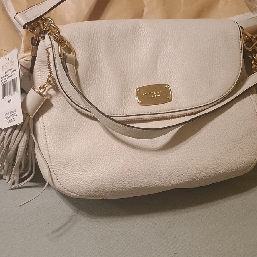 Michael Kors Cream Pebbled Leather Shoulder Bag with Tassel
